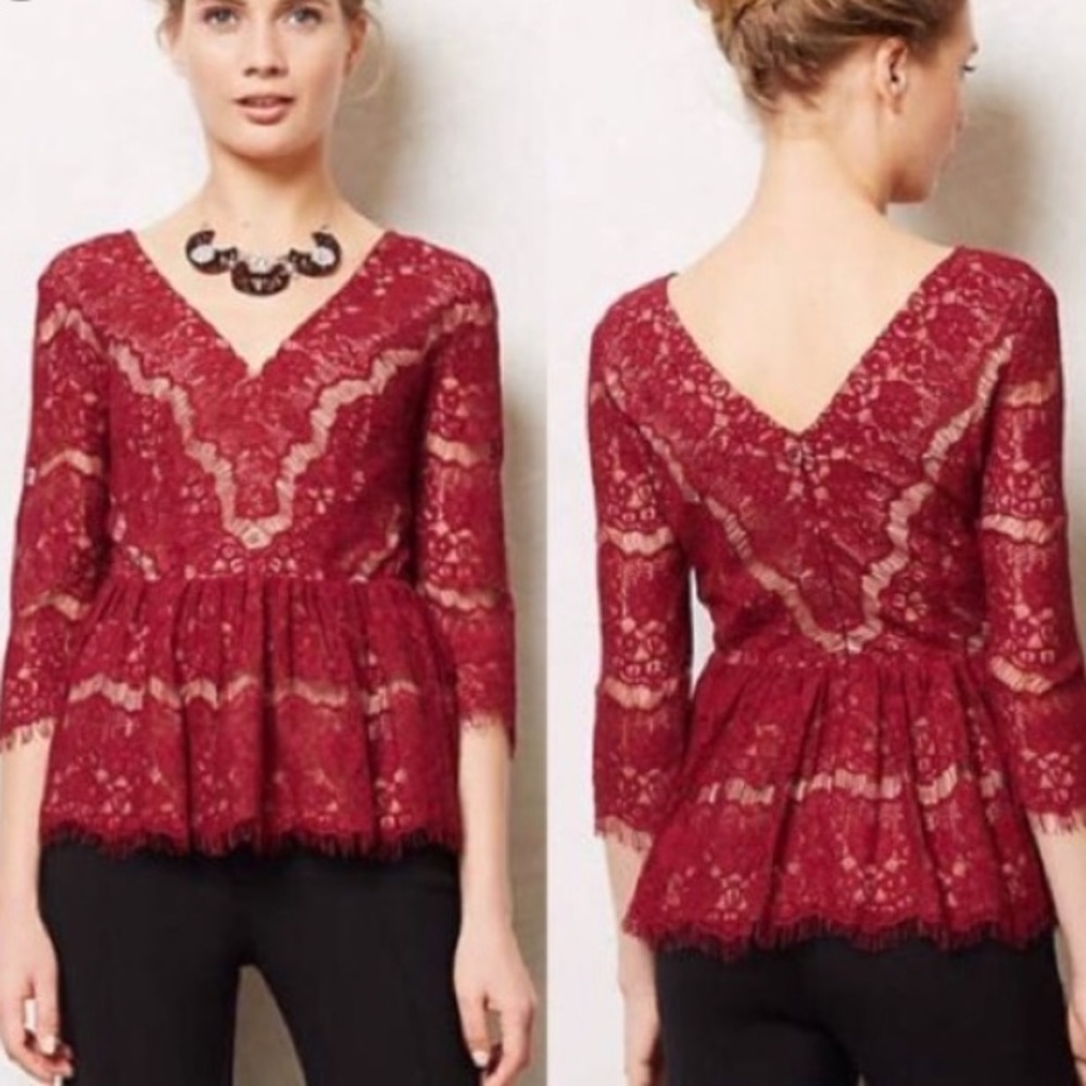 Anthropologie Maeve 3/4 sleeve Maroon lace top